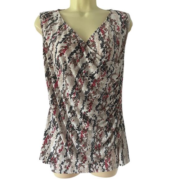 DKNY Print Stretch Knit Surplice Top Blouse Sleeveless Ruching Woman Size Medium - Picture 1 of 9